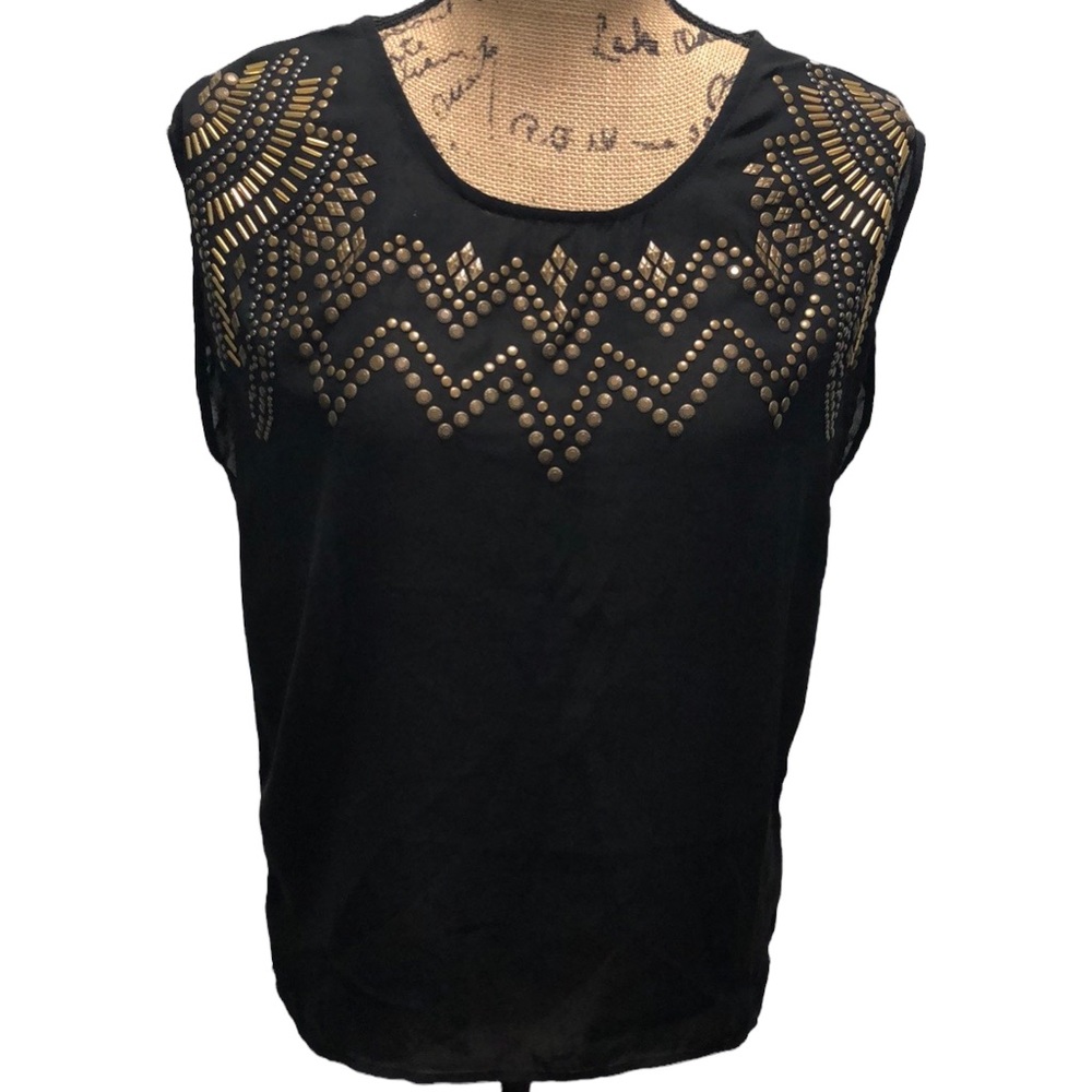 {Ecote} Black Decorative Neckline Sleeveless Open Back Blouse